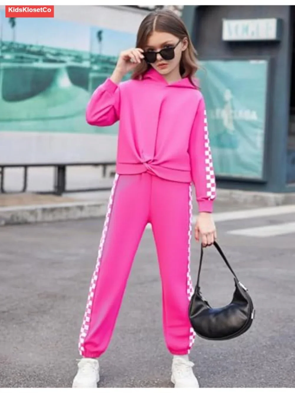 Girls 2 Piece Tracksuit Set Checkerboard Hoodie & Jogger Lounge Outfit 6-16Y